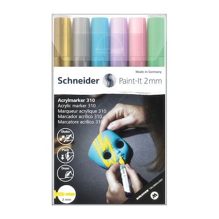 Schneider Pen Paint-It 310 Acrylic Markers, 2 mm Bullet Tip, Wallet, 6 Assorted Pastel Ink Colors 120196